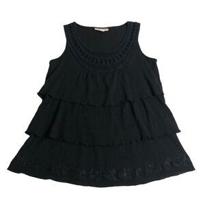 Coldwater Creek Top Women M Black Floral Crochet Crinkle Tiered Tank Boho Witchy